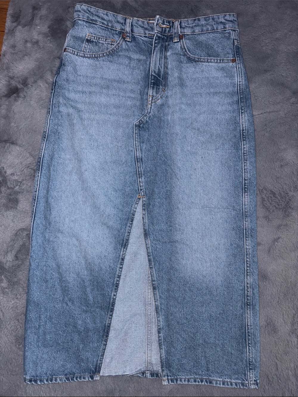 Mango Women's Light Blue Denim Midi Skirt with Front Slit